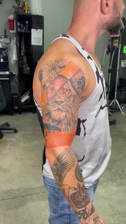 Completed illustrative color sleeve tattoo